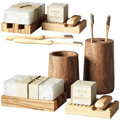 Natural Wooden Daily Washing Essentials With Toothbrushes Soap Bars And Holders 3d model