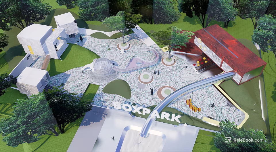 Children's Play Area at BOX PARK With Slide Circular Play Zones Lawn And Trees 3d model 