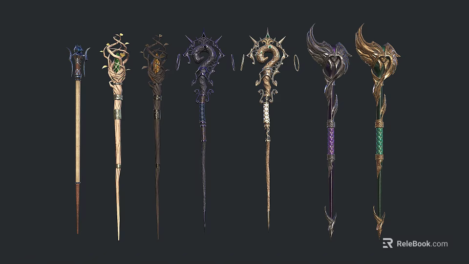Intricately Designed Magical Staff Weapons Featuring Dragon Motifs Gemstone Accents And Ornate Carvings 3d model 