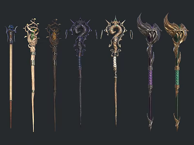 Intricately Designed Magical Staff Weapons Featuring Dragon Motifs Gemstone Accents And Ornate Carvings 3d model