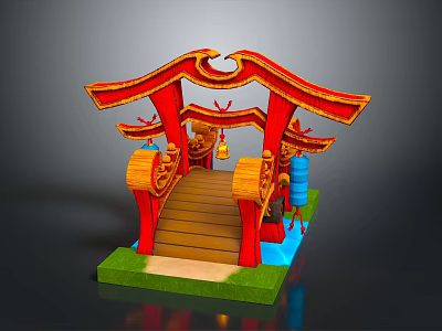 Traditional Japanese Torii Gate Structure With Wooden Bridge Lanterns Green Grass And Blue Water 3d model