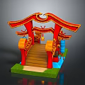 Traditional Japanese Torii Gate Structure With Wooden Bridge Lanterns Green Grass And Blue Water