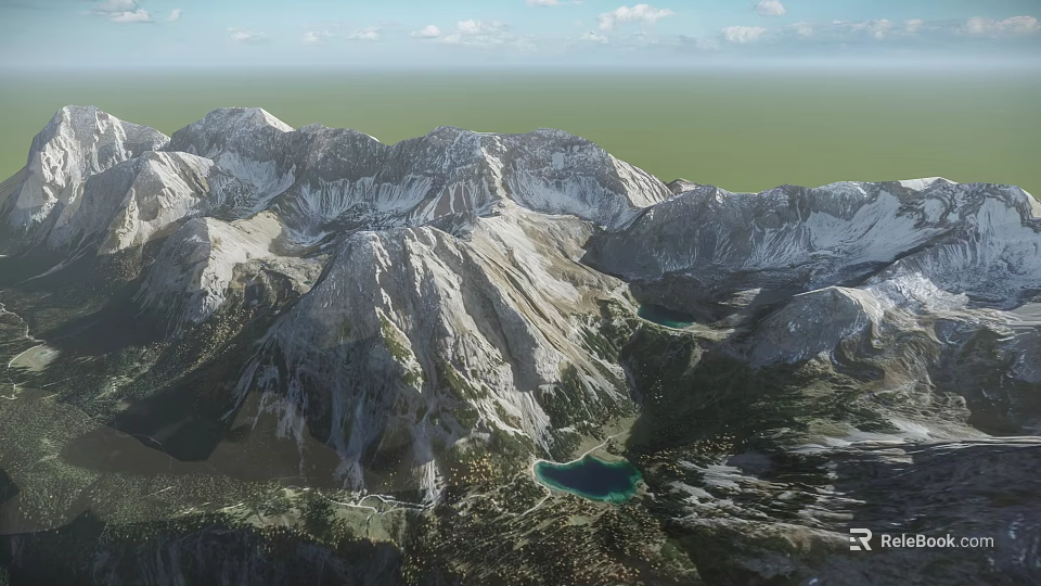 Garden Landscape With Snowy Mountain Views Clear Lakes And Lush Green Vegetation 3d model 