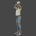Game Character Girl Scratching Hair Wearing White Sweater Blue Ripped Jeans And Blue Shoes