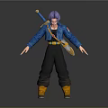 Anime Style Game Character With Purple Hair Blue Jacket Black Pants Yellow Boots And Weapon