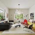 Warm Bright Modern Living Room With Black Leather Sofa Stylish Wall Art And Natural Light