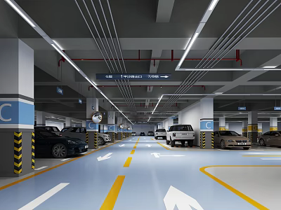 Modern Underground Parking Lot With Clear Lane Markings And C Zone Signs 3d model