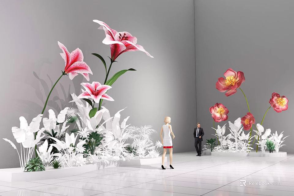 Vibrant Floral Display With Pink Red Blooms And Two People In White Floor Setting 3d model 