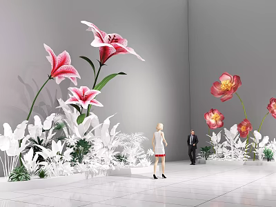 Vibrant Floral Display With Pink Red Blooms And Two People In White Floor Setting 3d model