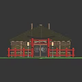 Traditional Japanese Building Featuring Red Torii Gate Tiled Roof Wooden Windows Red Fence And Lanterns