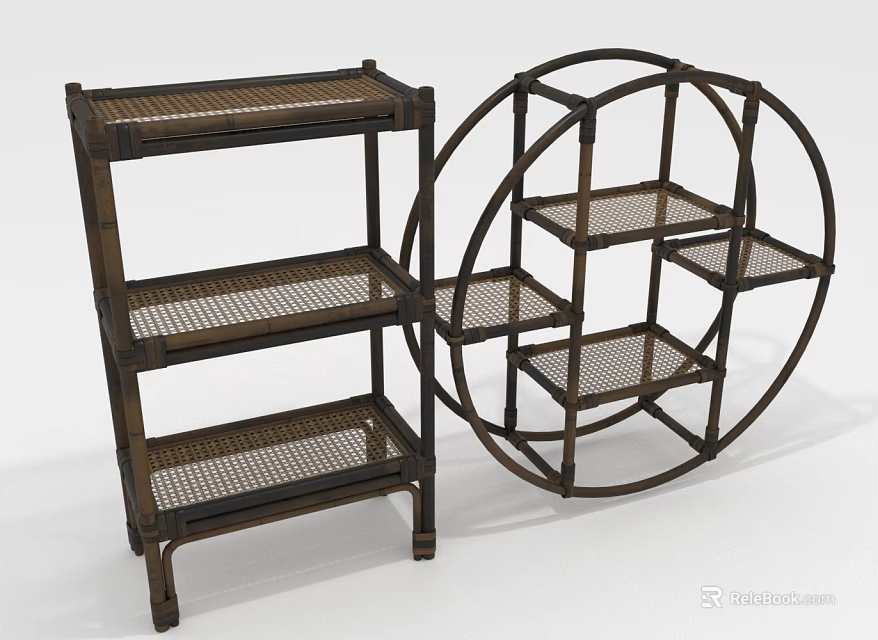 Wooden Shelving Units Square And Circular Design With Wicker Shelves Multi Tiered Storage 3d model 