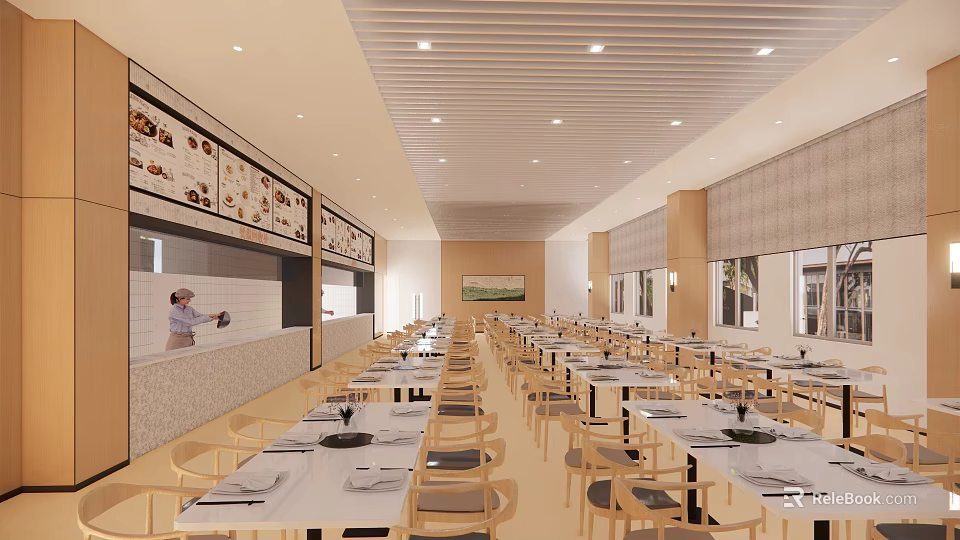Bright Modern Restaurant Interior With Tables Chairs And Food Display Boards On Walls 3d model 