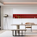 Modern Study Room With Long Table Red Shelves And Floor Lamp 3d model