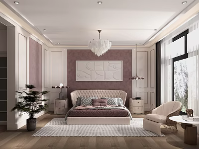 Elegant Modern Bedroom Interior Design With Upholstered Bed Chandelier Carpet And Accent Chair 3d model