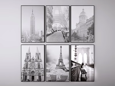 Black and White City Architecture Landscape Paintings With Multiple Building Scenes For Wall Decor 3d model