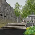 Modern Urban Plaza Landscape With Lush Trees Wooden Steps And Contemporary Buildings