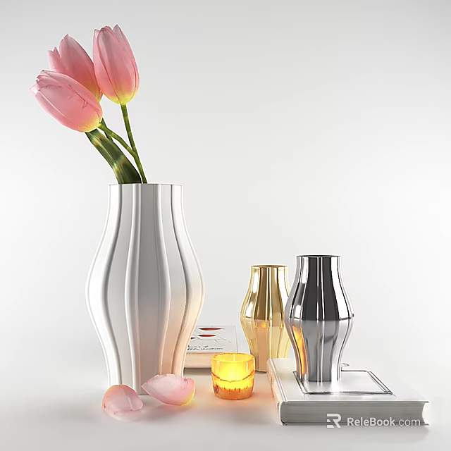Elegant Decorative Ornament Set With Pink Tulips White Vase Gold Silver Ornaments And Candle 3d model 