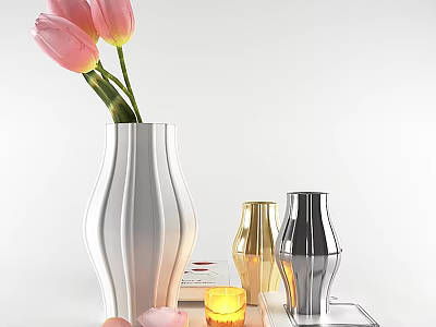 Elegant Decorative Ornament Set With Pink Tulips White Vase Gold Silver Ornaments And Candle 3d model