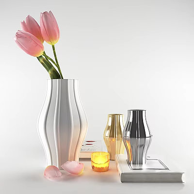 Elegant Decorative Ornament Set With Pink Tulips White Vase Gold Silver Ornaments And Candle 3d model