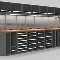 Functional Modern Public Facility With Black Cabinets Drawers Overhead LED Strips And Wooden Countertops