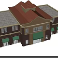Commercial Complex Exterior with Red Brown Roof Green Awnings Beige Brown Walls and Multiple Windows