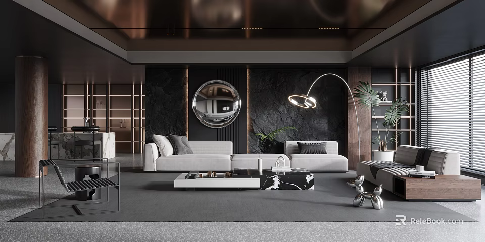 Elegant Modern Living Room With Black Walls Round Mirror Floor Lamp And Marble Coffee Table 3d model 