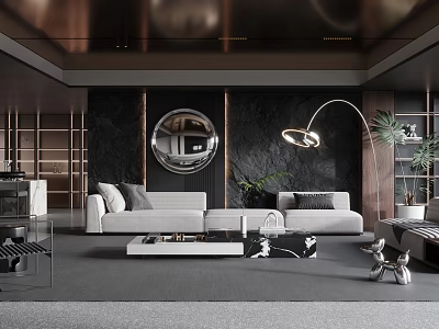 Elegant Modern Living Room With Black Walls Round Mirror Floor Lamp And Marble Coffee Table 3d model