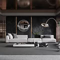 Elegant Modern Living Room With Black Walls Round Mirror Floor Lamp And Marble Coffee Table