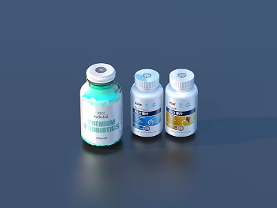Three Different Colored Supplement Bottles For Daily Health Care Needs 3d model
