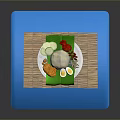 Fresh Food Plate with White Tofu Boiled Eggs Green Vegetables Red Garnish on Blue Mat