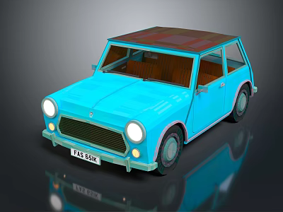 Blue Retro Small Car With Brown Roof And Classic Exterior Design 3d model