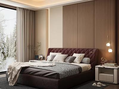 Luxurious Bedroom Interior With Maroon Headboard Pillows Wooden Panels And Snowy Window View 3d model