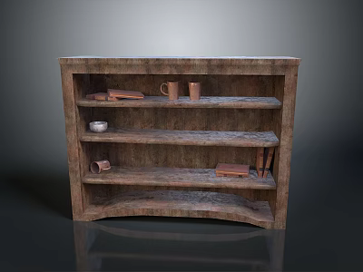 Textured Wooden Bookcase with Multiple Shelves Holding Books Mugs and Small Decorative Items 3d model
