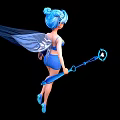 Blue Haired Fairy With Blue Wings Flying Holding Blue Magical Wand