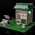 Green Roof Outdoor Booth With Checkerboard Wall SATINE Brand Tables Chairs And Beverage Bottles