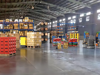 Organized Warehouse Interior With Shelves Stacked Boxes Barrels And Forklift 3d model