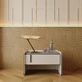 Modern White Bedside Table With Metal Lamp Glass Kettle And Patterned Wall 3d model
