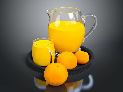 Fresh Orange Juice in Glass Pitcher and Cup with Oranges on Tray 3d model