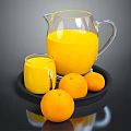 Fresh Orange Juice in Glass Pitcher and Cup with Oranges on Tray