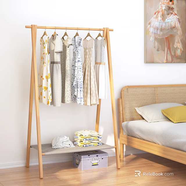 Wooden Clothes Rack With Hanging Dresses In Bedroom Setting Lower Shelf Folded Clothes Storage Box 3d model 