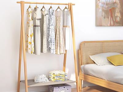 Wooden Clothes Rack With Hanging Dresses In Bedroom Setting Lower Shelf Folded Clothes Storage Box 3d model