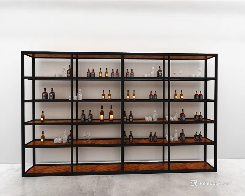 Modern Wine Cabinet with Black Frame and Wooden Shelves Holding Wine Bottles and Glasses 3d model 