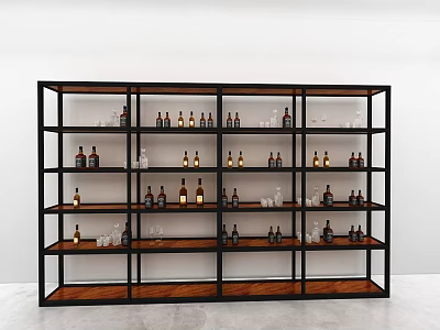 Modern Wine Cabinet with Black Frame and Wooden Shelves Holding Wine Bottles and Glasses 3d model