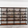 Modern Wine Cabinet with Black Frame and Wooden Shelves Holding Wine Bottles and Glasses