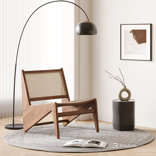 Leisure Chair With Wooden Frame Woven Backrest Floor Lamp Side Table And Wall Art 3d model 