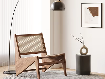 Leisure Chair With Wooden Frame Woven Backrest Floor Lamp Side Table And Wall Art 3d model