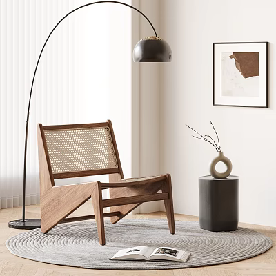 Leisure Chair With Wooden Frame Woven Backrest Floor Lamp Side Table And Wall Art 3d model