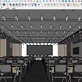 Public Office Space With Rows Of Tables And Chairs Projection Screen Modern Layout
