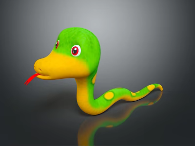 Cartoon Green Yellow Snake With Red Eyes Red Tongue Yellow Spots And Reflection On Black 3d model