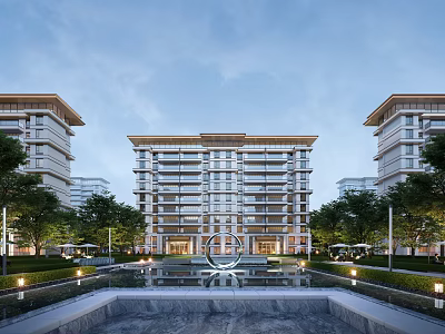 Modern High-rise Residential Building With Central Water Feature And Green Landscaping 3d model